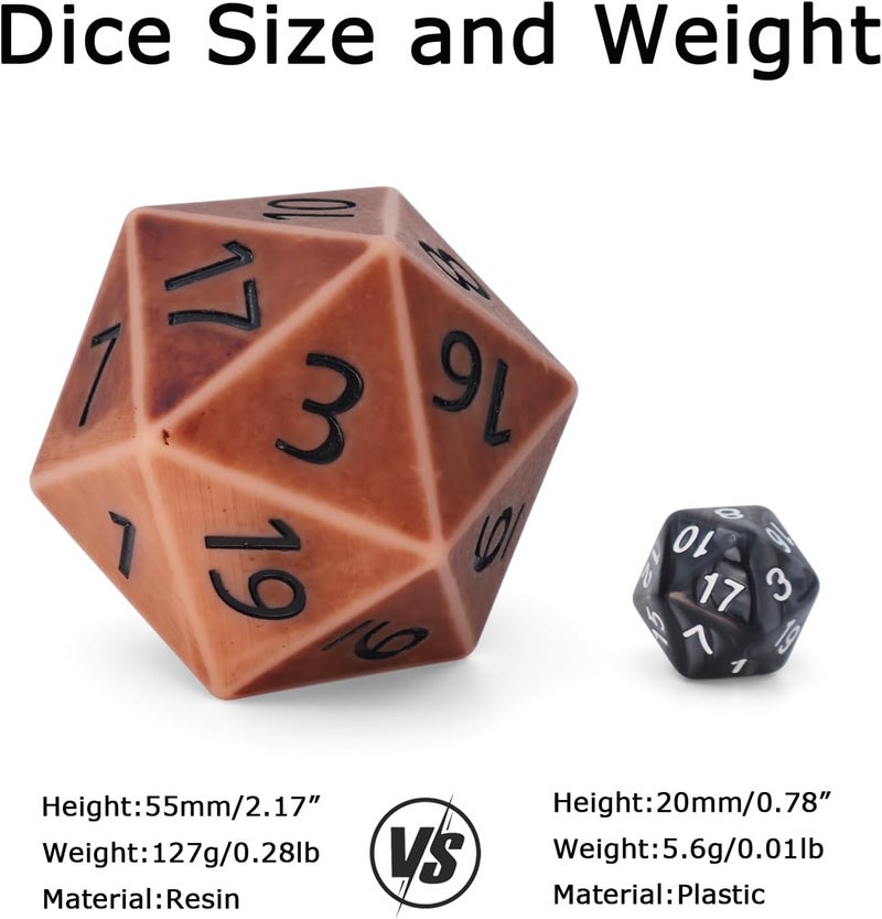 CSITORWWE Retro Style 55mm Giant D20 Dice,20 Sided Resin Dice with Velvet Pouch, Titan Polyhedral Dice for TTRPG Tabletop Gaming,Dungeon Masters,RPG Adventures(Brown Ancient) - Image 4